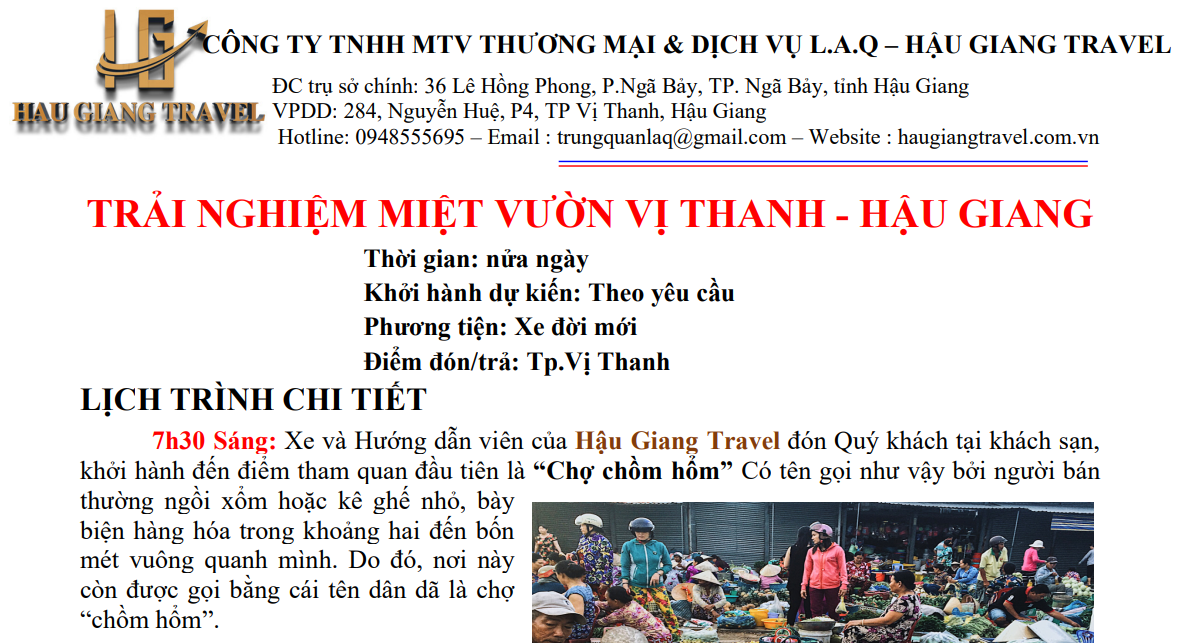 Chương trình Tour (nữa ngày) TRẢI NGHIỆM MIỆT VƯỜN VỊ THANH - HẬU GIANG