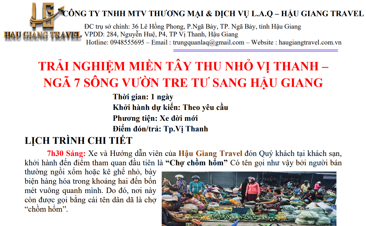 Chương trình Tour (một ngày): TRẢI NGHIỆM MIỀN TÂY THU NHỎ VỊ THANH – NGÃ 7 SÔNG VƯỜN TRE TƯ SANG HẬU GIANG